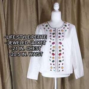 Life Style Petite White Jeweled Jacket. Petite Size Medium.